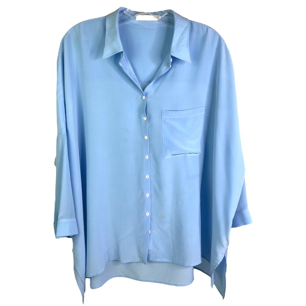 Anne Fontaine Blouse‎ Womens 40 Blue Silk 3/4 Sleeves Button Front Silk Collared